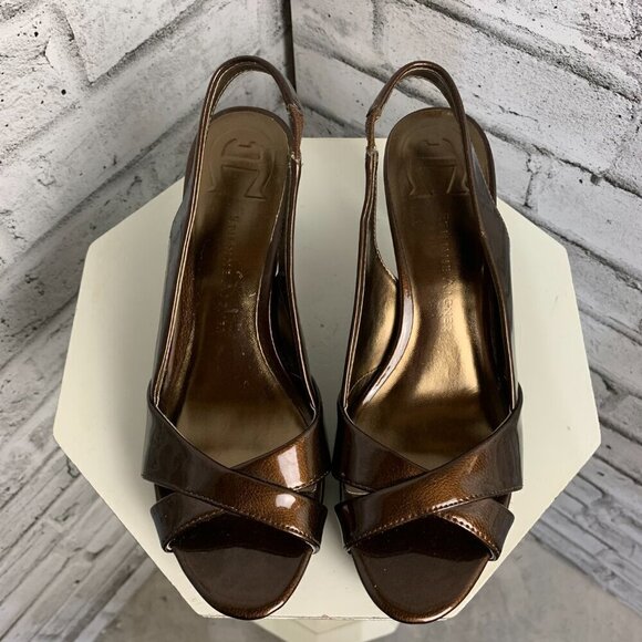 Etienne Aigner Ophelia Open Toe Sling Back Brown Patent Faux Leather Sandals - Picture 2 of 9